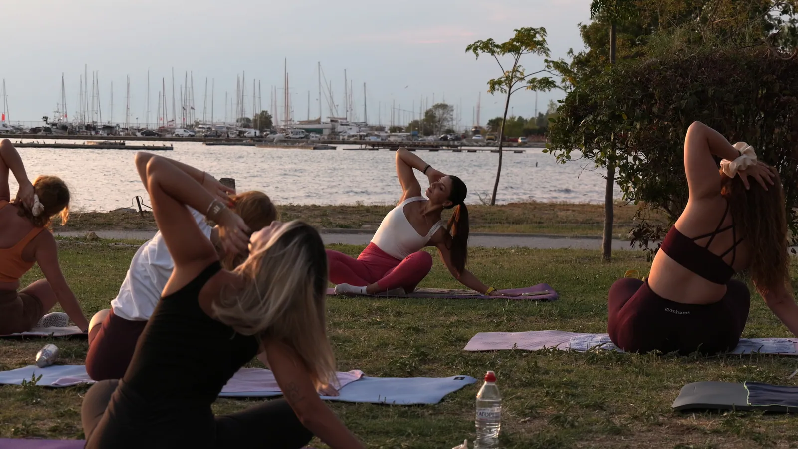 The instructor leading a side stretch on the grass by the harbour