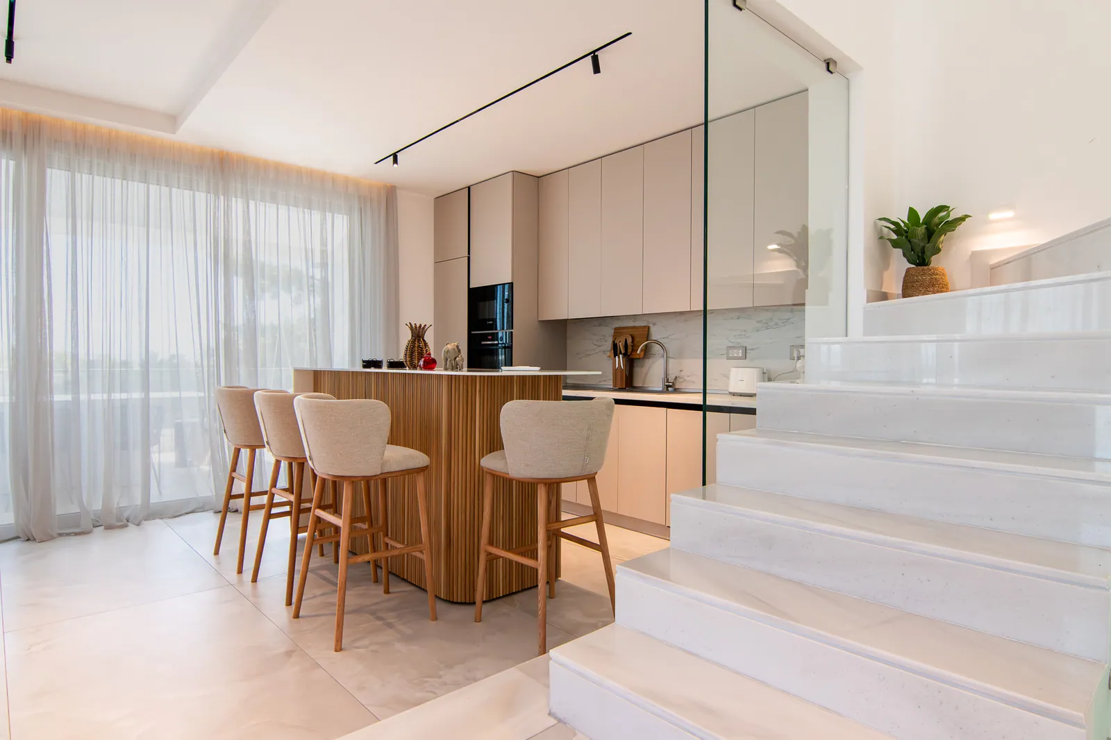 Kitchen island and marble stairs
