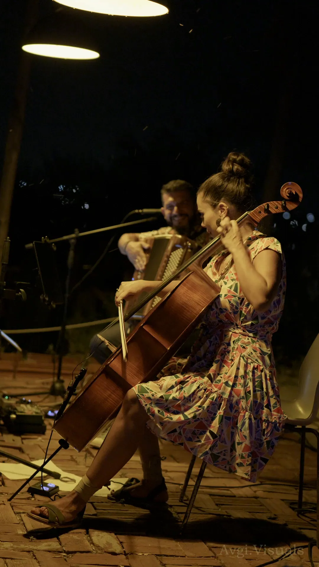 Cello and accordion duo under hanging lamps